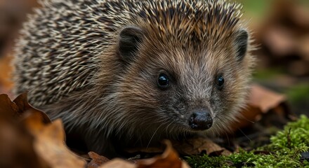 Fototapeta premium Captivating Close-up of a European Hedgehog Amidst Autumnal Woodland Scene