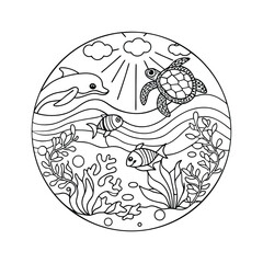 Ocean Life Mandala Dolphin, Turtle, Fish, Coral, Sun