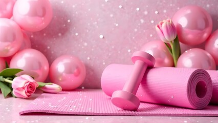 Dumbbells and gymnastics mat on festive pink background with balloons