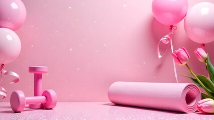Dumbbells and gymnastics mat on festive pink background with balloons
