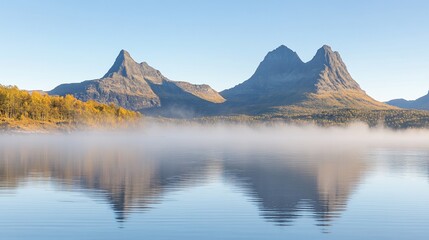 Serene autumn lake reflecting misty mountains