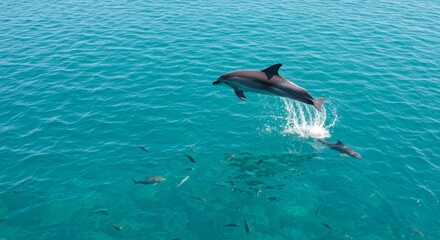 Obraz premium Energetic dolphin leaps over turquoise ocean water with splashes