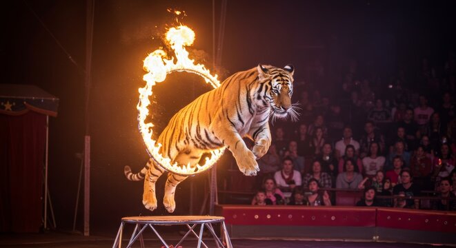 Magnificent tiger executing a daring jump through a flaming hoop in circus performance