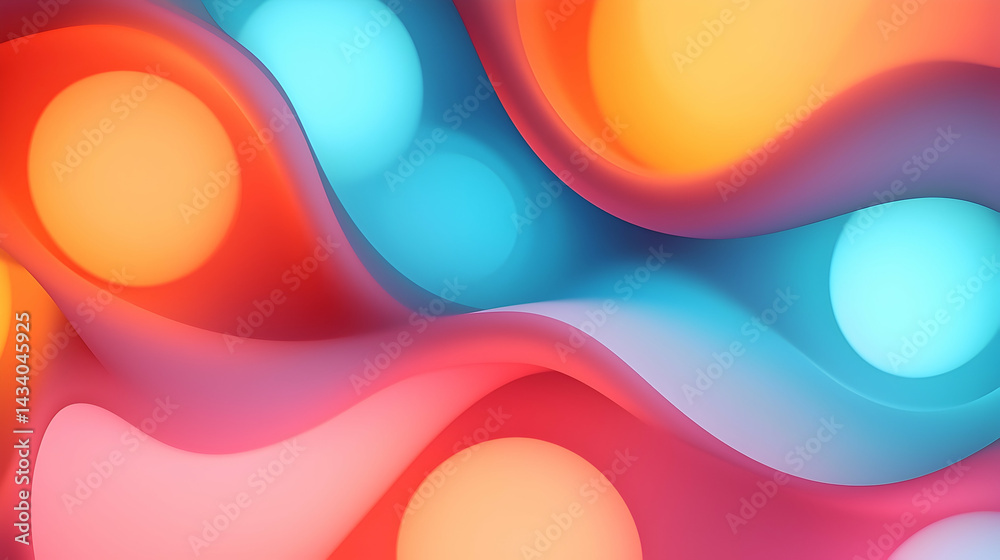 Wall mural abstract colorful fluid waves background with bokeh bubbles