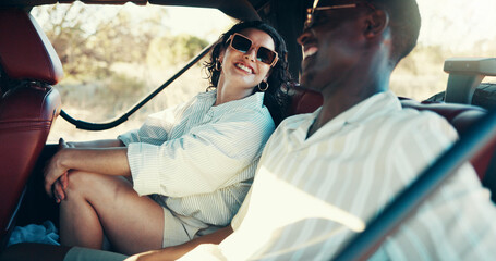 Travel, road trip and car with couple in nature for safari game reserve, adventure or summer vacation. Explore, savannah holiday and conservation guide with people for national park or eco tourism