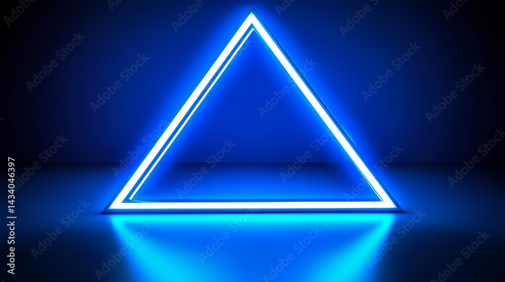 Poster blue triangle with neon lights shining on it. the blue color of the triangle and the neon lights giv