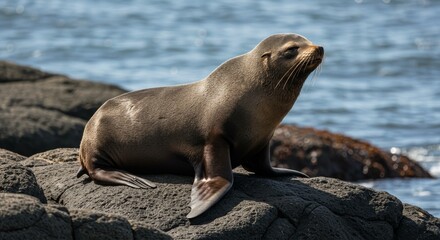 Sea Lion basking in golden sunlight on rugged coastal landscape