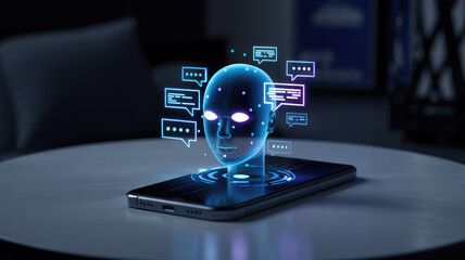 AI Communication Interface: A futuristic depiction of a human-like artificial intelligence avatar emerging from a smartphone's screen, surrounded by digital speech bubbles.