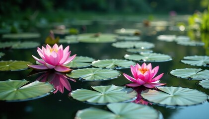 Water lilies bloom densely on a serene lake surface , water, floral, botanical