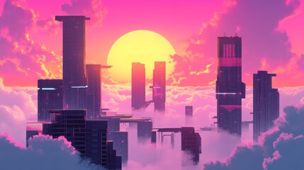 Futuristic cityscape emerges amidst clouds at sunset in vaporwave style