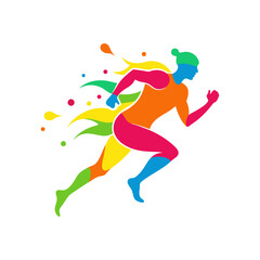 Colorful abstract runner silhouette with vibrant paint splatter effect. Dynamic, energetic sports illustration perfect for posters, t-shirt prints, and fitness-themed designs.