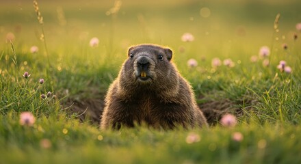 Obraz premium Groundhog emerging from burrow amidst clover blooms in golden light