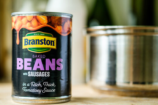 Can of Branston Baked Beans With Pork Sausages in Tomato Sauce