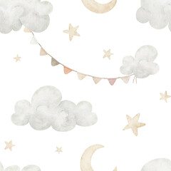 Watercolor seamless pattern with stars, crescent moon, and clouds in soft pastel tones. Illustration of childish background for nursery wallpaper or baby shower backdrop. Ornament with garlands. © Alisles