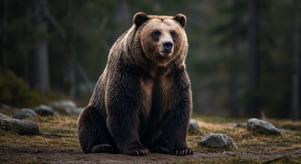 Fototapeta premium Captivating Brown Bear Portrait Amidst Tranquil Forest Setting