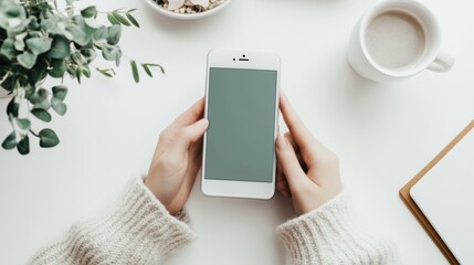 Top view of female hands holding a phone with a blank screen in light tones