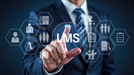 LMS System Interface: Businessperson interacts with a digital LMS system interface,  a central hub for online learning, training, and resource management.