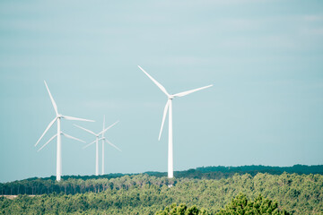 Wind turbines on the hills with green trees against the blue sky. Nature, ecology and technology...