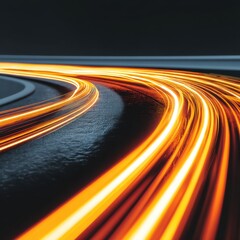 Dynamic light trails on dark asphalt surface creating abstract motion and energy with blurred streaks and vibrant colors for modern technology background