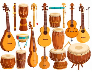 A collection of traditional Indian musical instruments, such as a sitar, tabla drums, and a bansuri flute, are arranged together, representing the diverse sounds and rhythms of Indian music.