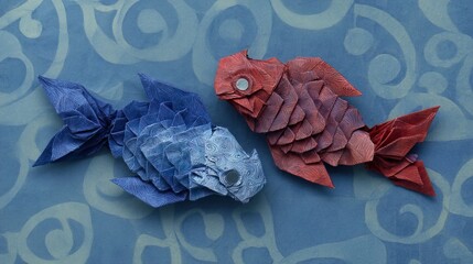Abstract Origami Fishes in Love Paper Art Whimsical Aquatic Creatures Colorful Paper Folding Unique Designs Artistic Expressions Papercraft Fantasy Imaginative Artwork Paper Fish lowercase
