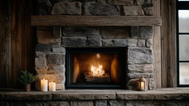 Stone fireplace with burning logs, candles and a lantern, nestled in rustic wooden surrounding during the holiday season.