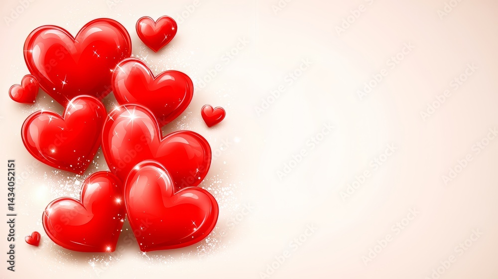 Aufkleber Bunch of red hearts are arranged in a row. The hearts are all different sizes and are placed in various positions. Concept of love and affection