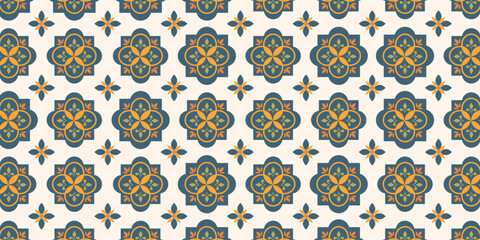 Seamless Arabic style pattern. Geometric tile motif with floral elements for textile design, wallpaper, wrapping paper, invitations, stationery and decor. 
Vector illustration