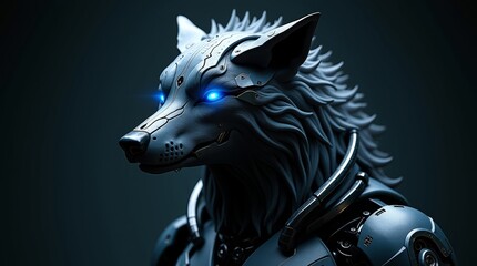 high-resolution stock photo of a majestic cybernetic wolf with intricately designed, metallic armor plating seamlessly integrated into its fur, featuring a pair of glowing, holographic eyes with a vib
