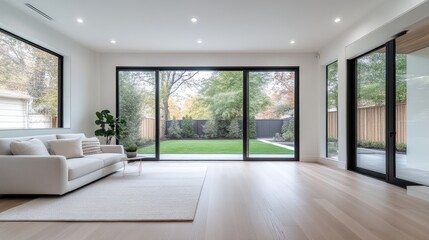 Fototapeta premium Modern, bright living area with expansive backyard views