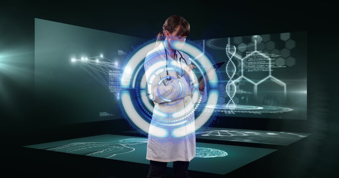 Image of data processing over caucasian female doctor with tablet