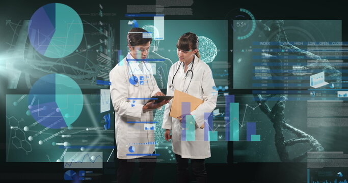 Image of data processing over caucasian male and female doctors talking