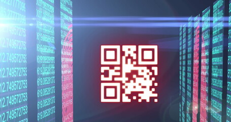 Image of qr code over data processing on black background