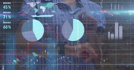 Image of data processing over caucasian woman using smartwatch