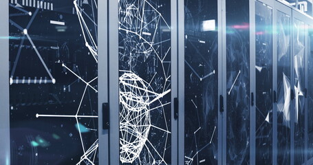 Image of network of connections over server room