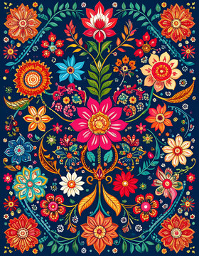 The vibrant colors and intricate patterns of Phulkari embroidery from Punjab are showcased in a textile piece, highlighting the region's rich tradition of needlework.