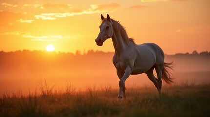 Obraz premium High-resolution stock photo depicting a majestic horse, its coat glistening in the warm, golden light of a serene sunset, standing proudly on a lush green hillside, surrounded by a subtle mist