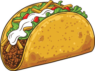 A cartoon taco with meat lettuce tomatoes sour cream and fries inside a yellow corn tortilla shell