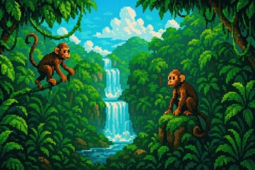 Pixel Jungle Adventure: Playful Monkeys in a Lush Tropical Waterfall Scene