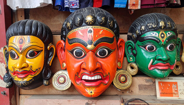 Traditional Chhau dance masks, with their expressive faces and vibrant colors, are displayed, representing the folk dance tradition of Eastern India and its mythological storytelling.