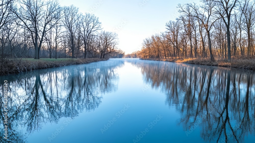 Poster calm river with trees on both sides. the water is blue and the sky is clear. the trees are bare and 