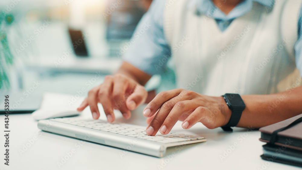 Aufkleber Programmer, research and hands of man with keyboard for writing code, app development and debugging. Computer, programming and typing with technology for software testing, system or online update
