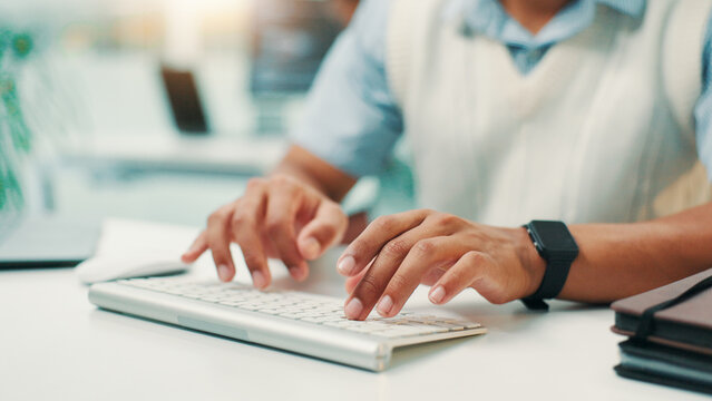 Programmer, research and hands of man with keyboard for writing code, app development and debugging. Computer, programming and typing with technology for software testing, system or online update