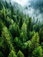 Aerial View of a Dense Evergreen Forest with Morning Mist Creating a Serene and Peaceful Atmosphere in the Mountains Capturing the Beauty of Nature