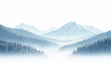 Obraz premium Mountains in the fog with sparse forests on a white background