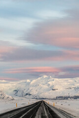 A first person perspective of a snowy and ice ringroad highway 1 in soutern Iceland in winter.