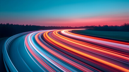 Naklejka premium Curving Highway with Colorful Light Trails at Sunset