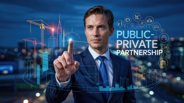 Visionary's Touch: A well-dressed professional confidently points to a holographic display, symbolizing a public-private partnership and innovative ideas.