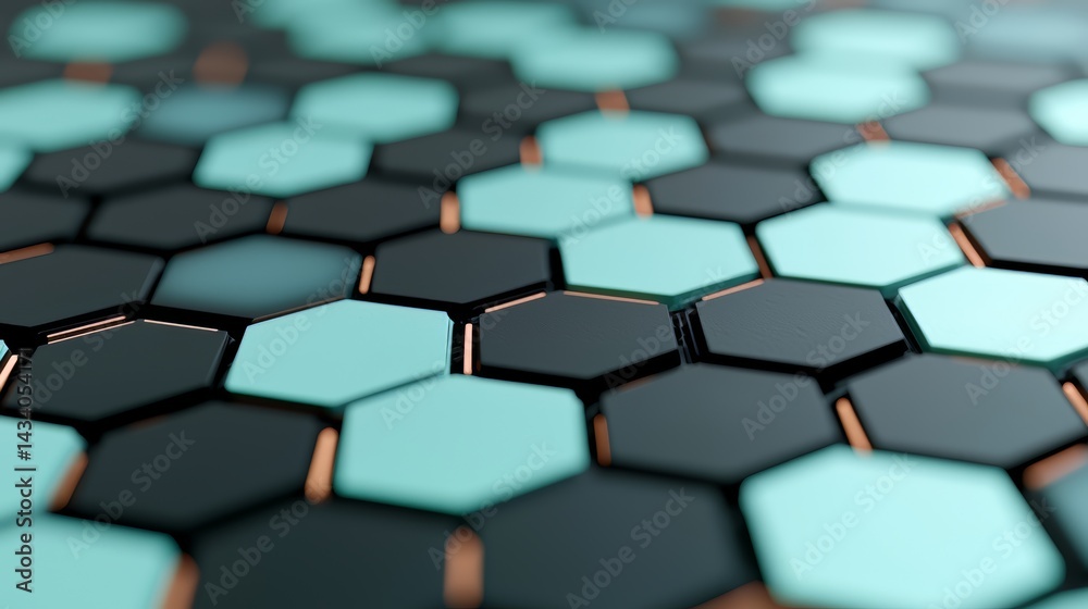 Fototapete Close up of a pattern of hexagons in black and blue. The blue hexagons are slightly larger than the black ones. The pattern is made up of many small hexagons, creating a sense of depth
