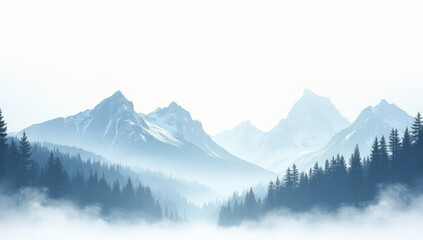 Obraz premium Mountains in the fog with sparse forests on a white background